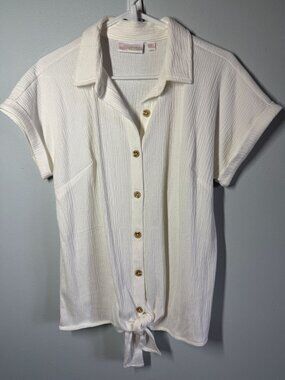 Belle Womens Small White Gauzy Button Front Tie Top Boho Coastal Cottagecore